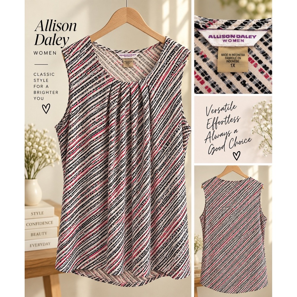 Allison Daley Women Plus 1X Sleeveless Pleated Neck Geometric Print Blouse Top